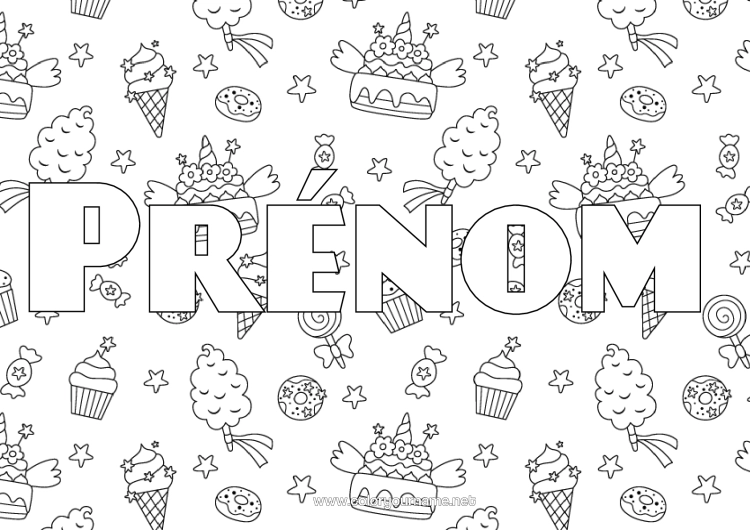 Coloriage à imprimer Bonbons Donuts Gourmandises, Sucreries Glace Cupcake Fond Décoratif