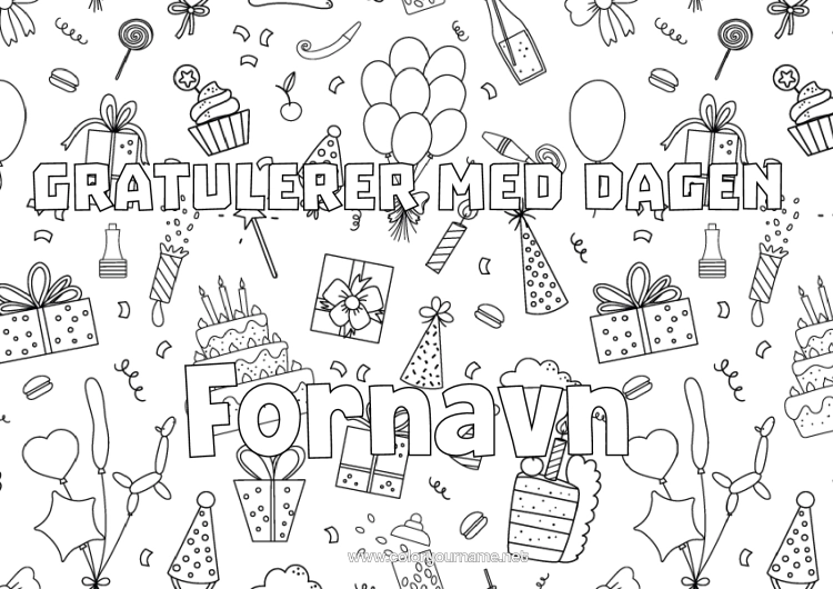 Fargeleggingssiden til utskrift Gaver Bursdag Ballonger Dekorativ Bakgrunn Bursdagskake