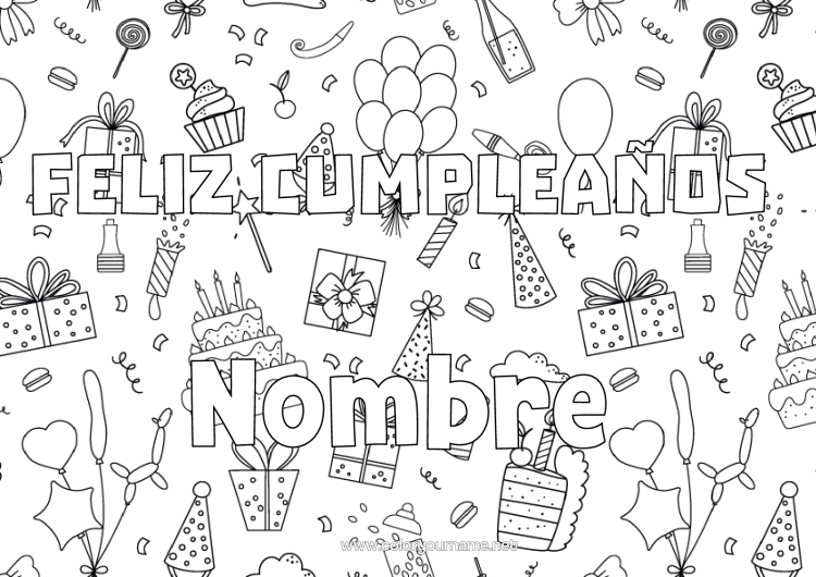 Dibujo para colorear para imprimir Regalos Cumpleaños Globos Fondo Decorativo Pastel De Cumpleaños