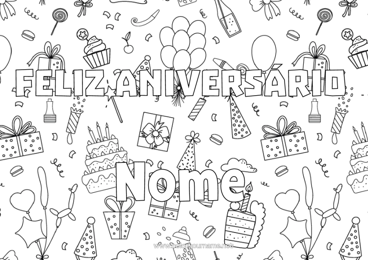 Página de desenho para imprimir Presentes Aniversário Bolas Fundo Decorativo Bolo De Aniversário