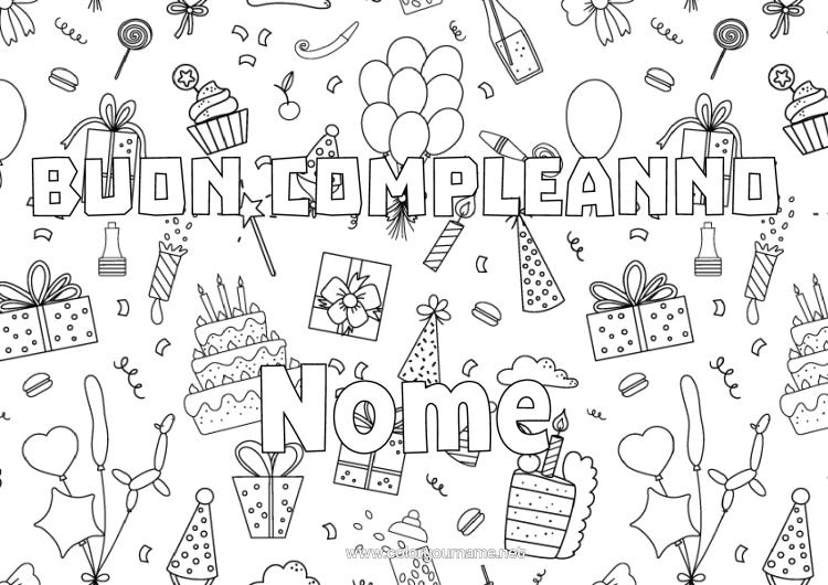Pagina da colorare da stampare Regali Compleanno Palloncini Sfondo Decorativo Torta Di Compleanno
