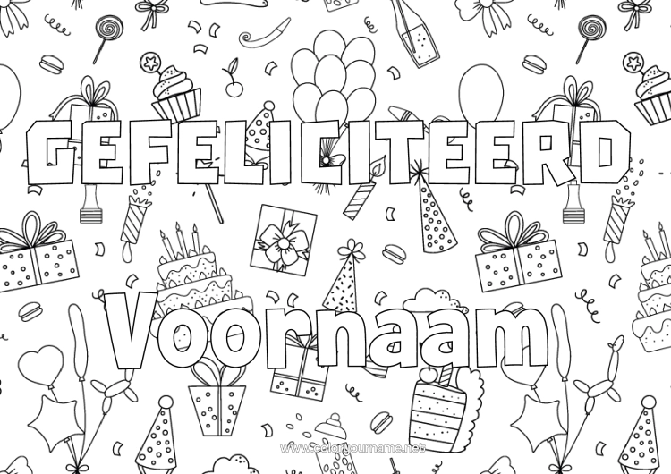 Kleurplaat om af te drukken Cadeaus Verjaardag Ballonnen Decoratieve Achtergrond Verjaardagstaart