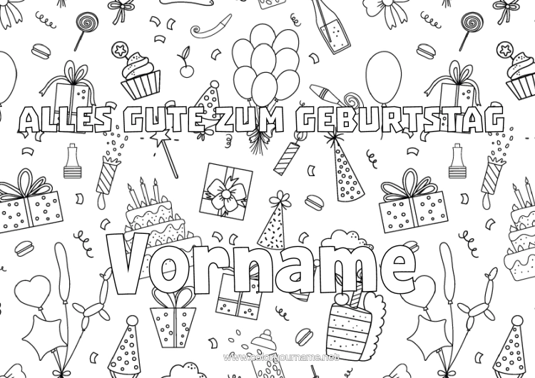 Malvorlage zum Ausdrucken Geschenke Geburtstag Luftballons Dekorativer Hintergrund Geburtstagskuchen