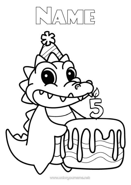 Coloring page to print Birthday Crocodile Animal Hat Customizable Age Reptiles Birthday Cake