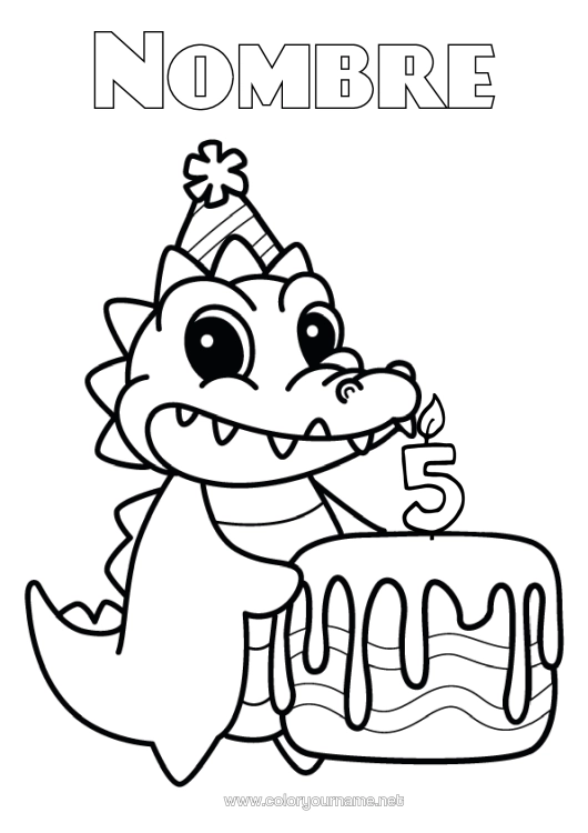 Dibujo para colorear para imprimir Cumpleaños Cocodrilo Animales Sombrero Edad Personalizable Reptiles Pastel De Cumpleaños