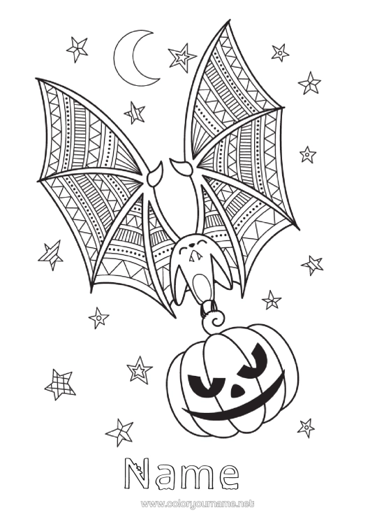 Colouring page to print Bat Pumpkin Halloween Birds And Flying Mammals