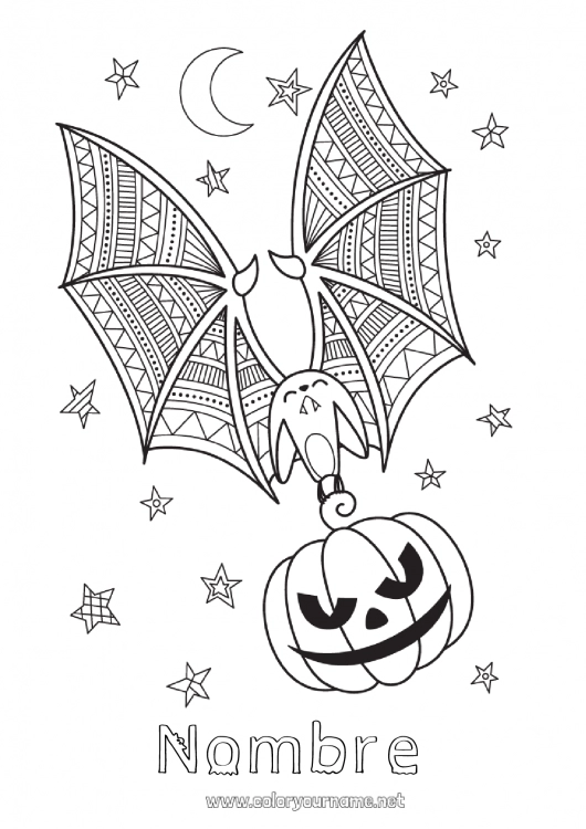 Dibujo para colorear para imprimir Murciélago Calabaza Halloween Aves y mamíferos voladores