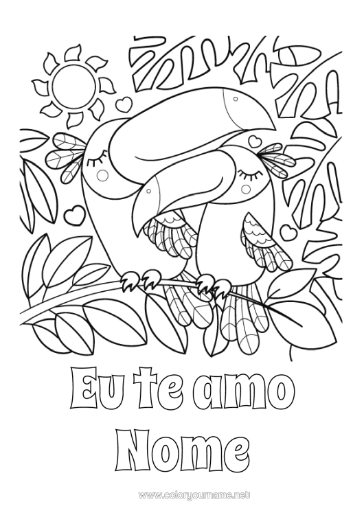 Página de desenho para imprimir Coração Sol Eu Te Amo Animal Mensagem De "Eu Te Amo" (Em Francês) Tucano Família De Animais Filhote