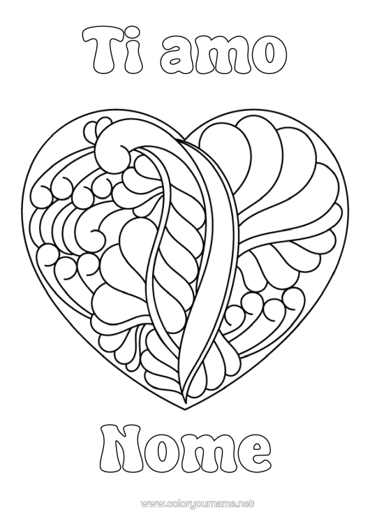 Pagina da colorare da stampare Cuore Ti Amo Grande Cuore "Ti Amo" (Francese) Messaggio Zentangle