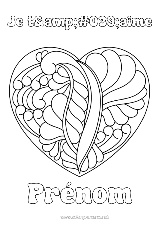 Coloriage à imprimer Coeur Je T'aime Grand Coeur "Je T'aime" (Français) Message Zentangle