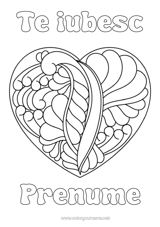 Pagină de colorat de imprimat Inimă Te Iubesc. Inimă Mare "Te Iubesc" Zentangle
