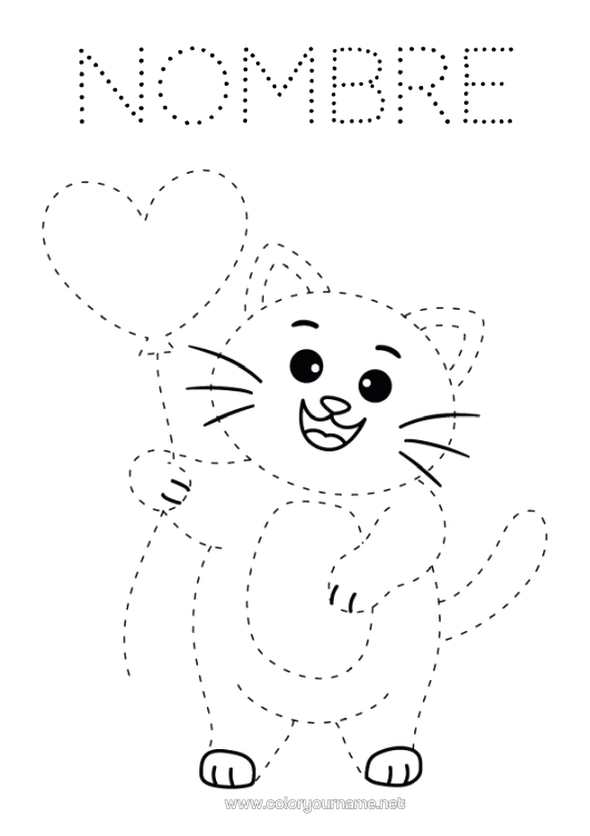 Dibujo para colorear para imprimir Corazón Cat Globos Te Amo Actividades Para Niños Trazo Y Color Perros Y Gatos