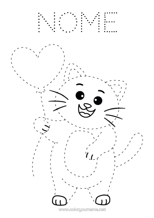 Página de desenho para imprimir Coração Gato Bolas Eu Te Amo Atividades Para Crianças Rastreie E Pinte Cães E Gatos