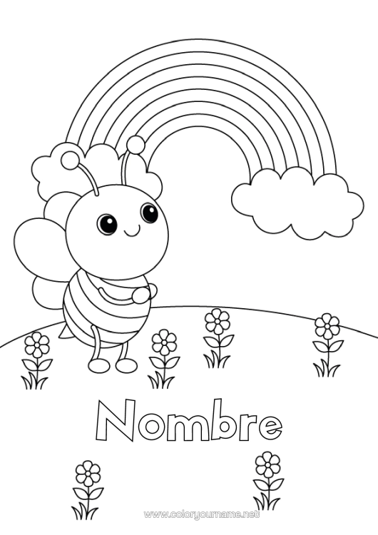 Dibujo para colorear para imprimir Flores Abeja Arcoíris Insectos