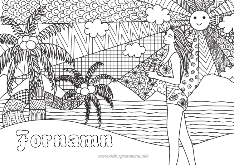 Färgläggningssida att skriva ut Sol Strand Hav Palmträd Frukter Komplexa Målarbilder Zentangle Kokosnöt Baddräkt Kvinna