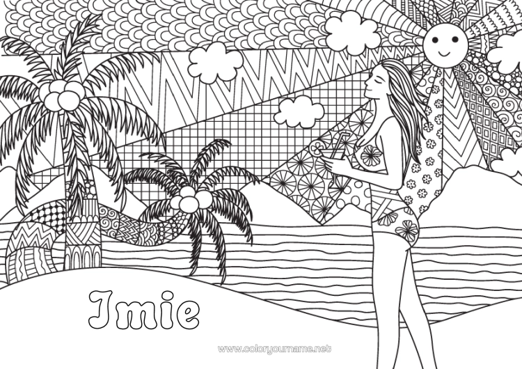 Kolorowanka do wydruku Słońce Plaża Morze Palma Owoce Złożone Kolorowanki Zentangle Kokos Strój Kąpielowy Kobieta