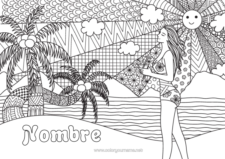 Dibujo para colorear para imprimir Sol Playa Mar Palmera Frutas Dibujos Complejos Para Colorear Zentangle Coco Bañador Mujer