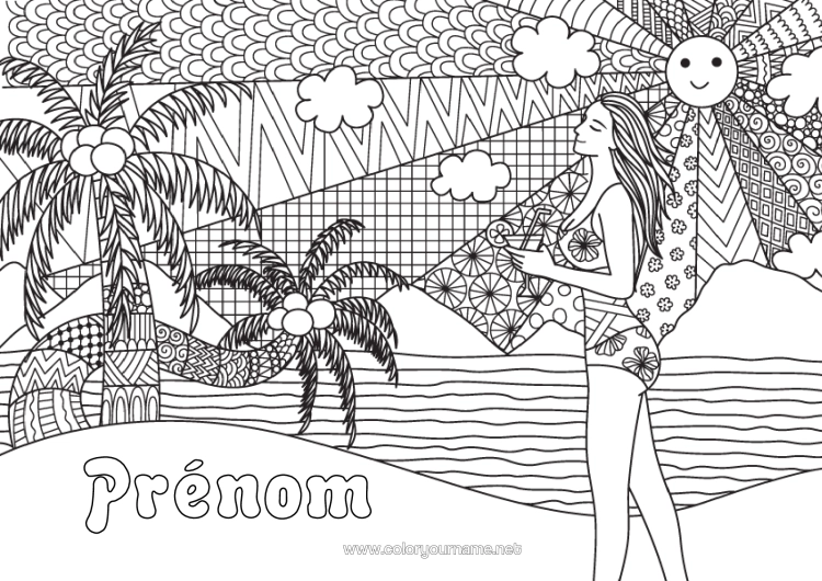 Coloriage à imprimer Soleil Plage Mer Palmier Fruits Coloriages Complexes Zentangle Noix De Coco Maillot De Bain Femme