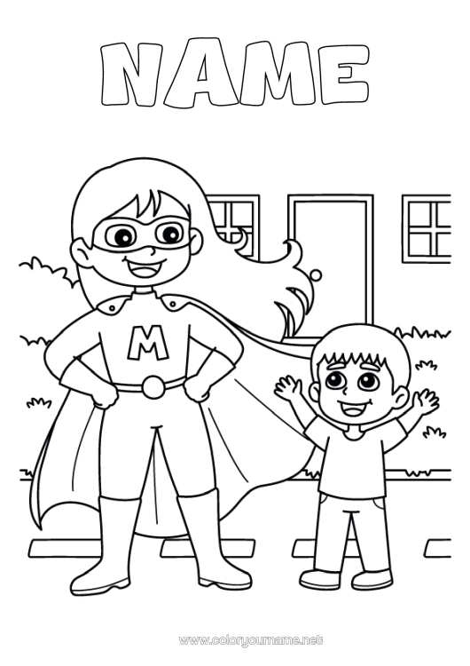 Colouring page to print Mum Boy Hero Child Nanny Woman
