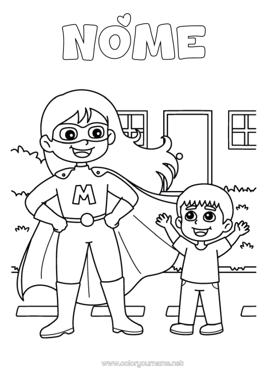 Página de desenho para imprimir Mamãe Menino Herói Criança Babá Mulher