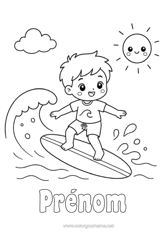 Coloriage à imprimer Sport Garçon Soleil Enfant Surf Sports Nautiques Vagues