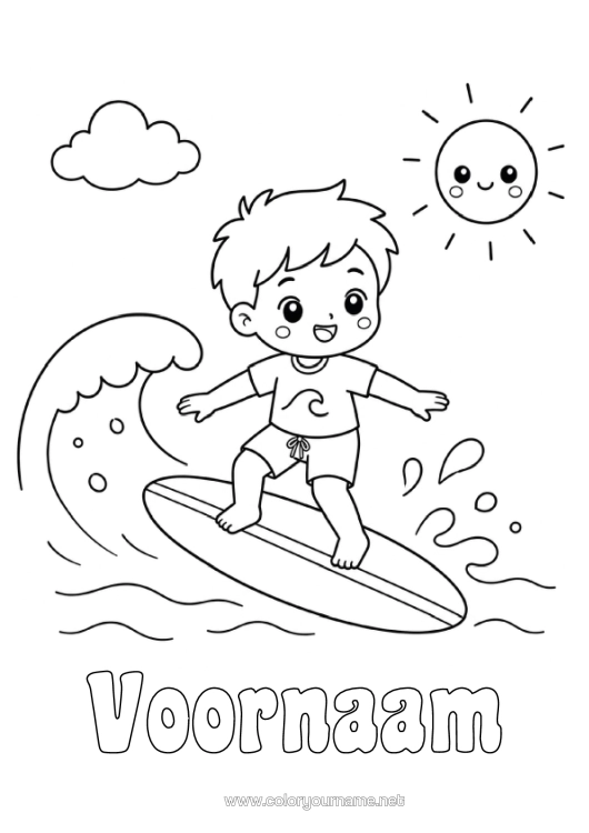 Kleurplaat om af te drukken Sport Jongen Zon Kind Surfen Watersporten Golven