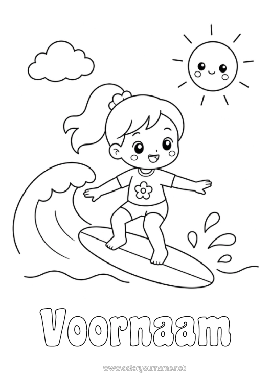 Kleurplaat om af te drukken Sport Meisje Zon Kind Surfen Watersporten Golven