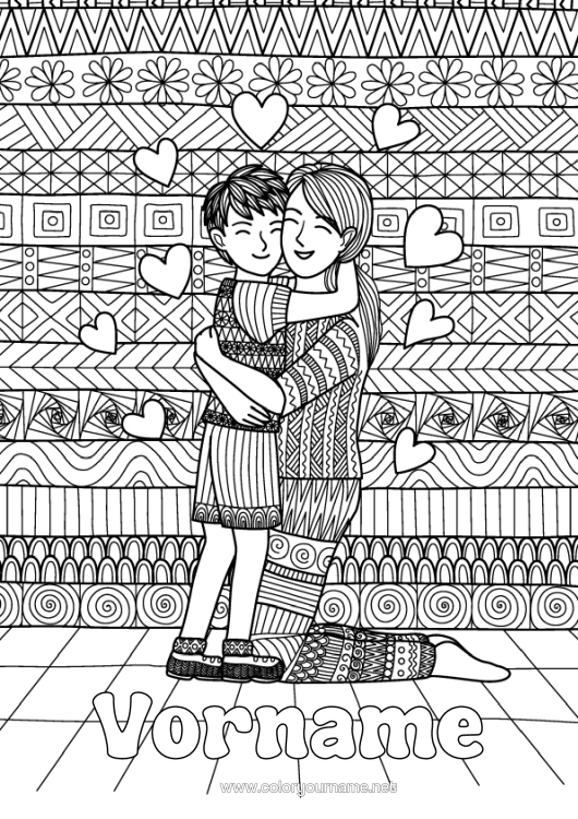 Malvorlage zum Ausdrucken Herz Mama Junge Kind Kindermädchen Komplexe Ausmalbilder Zentangle Familie Umarmung