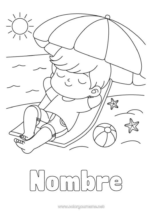 Dibujo para colorear para imprimir Chico Vacaciones Playa Parasol, Sombrilla De Playa Tumbona