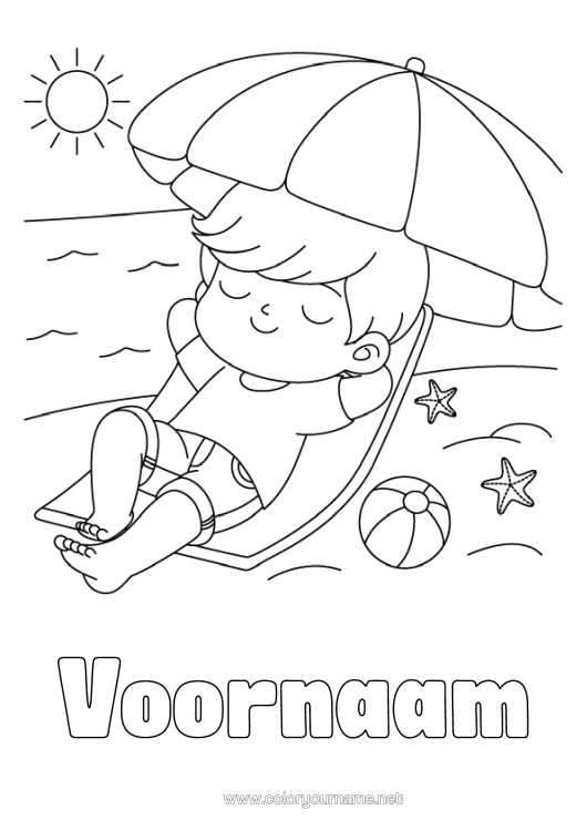 Kleurplaat om af te drukken Jongen Vakantie Strand Parasol Strandstoel