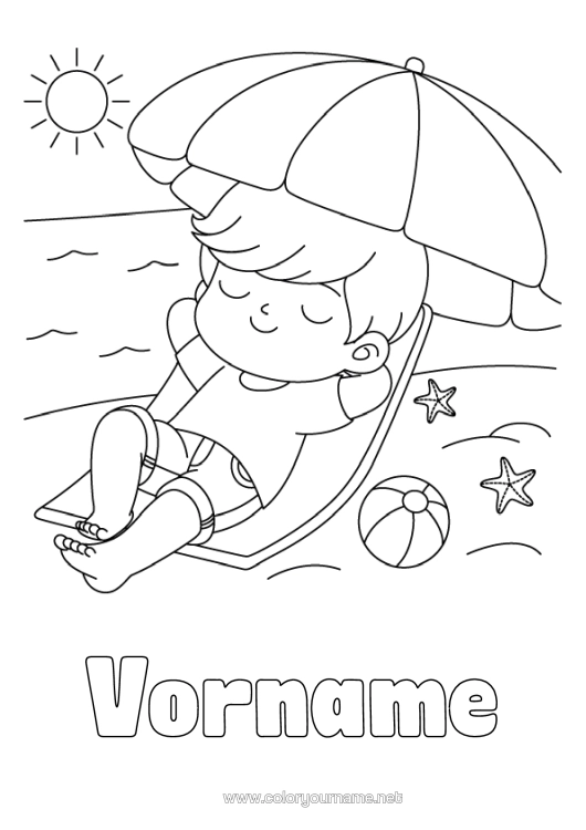 Malvorlage zum Ausdrucken Junge Urlaub Strand Sonnenschirm Liegestuhl