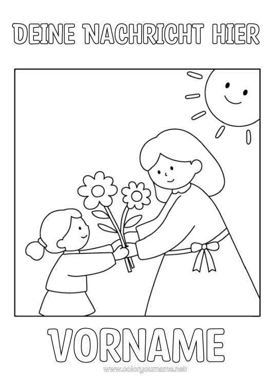 Malvorlage zum Ausdrucken Blumen Kind Blumenstrauß Frau