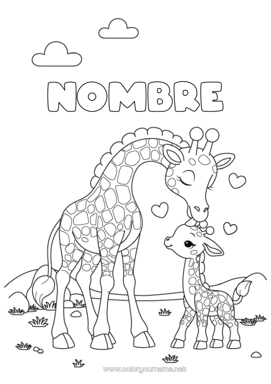 Dibujo para colorear para imprimir Corazón Jirafa Animales Animales Salvajes De África Familia De Animales Bebé Animal Beso