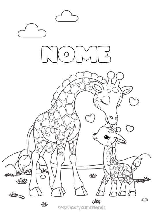 Pagina da colorare da stampare Cuore Giraffa Animale Animali Selvatici Dell'africa Famiglia Di Animali Cucciolo Bacio