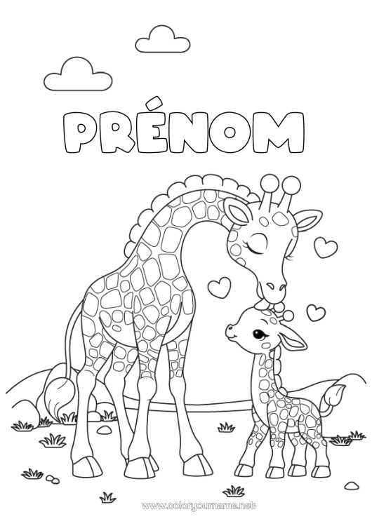 Coloriage à imprimer Coeur Girafe Animal Animaux Sauvages D'afrique Famille D'animaux Bébé Animal Bisou
