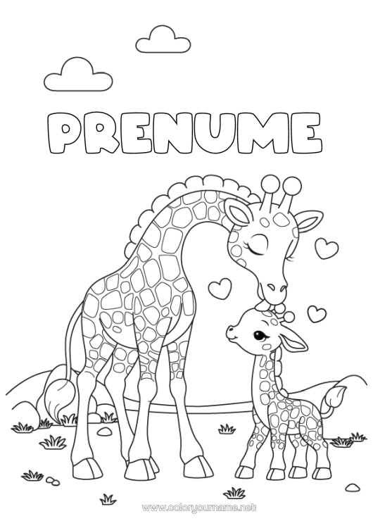 Pagină de colorat de imprimat Inimă Girafă Animal Animale Sălbatice Din Africa Familia Animalelor Pui De Animal Sărut