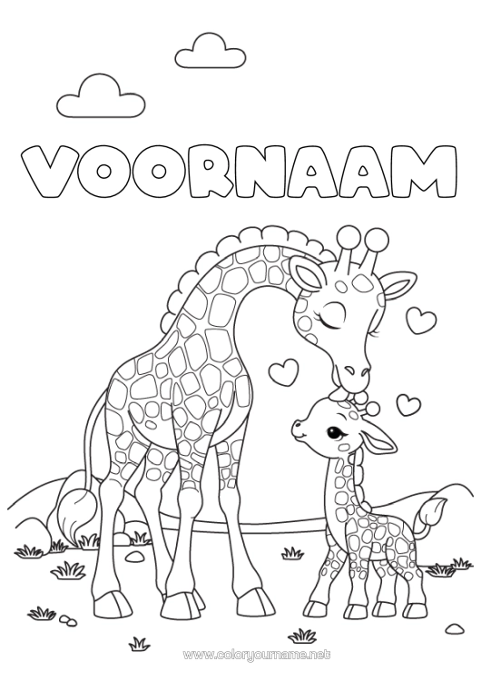 Kleurplaat om af te drukken Hart Giraffe Dier Wilde Dieren Van Afrika Dierenfamilie Dierenbaby Kus
