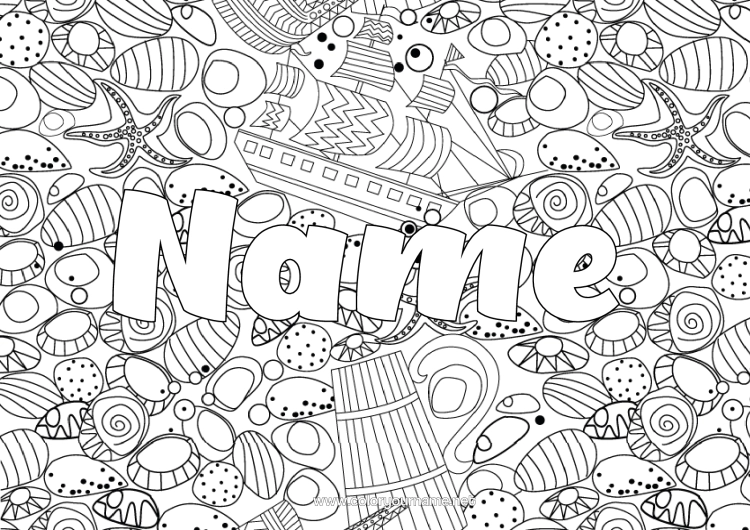 Coloring page to print Boat Sea Shell Complex Coloring Pages Starfish Marine Or Aquatic Animals Maritime Vehicles Decorative Background