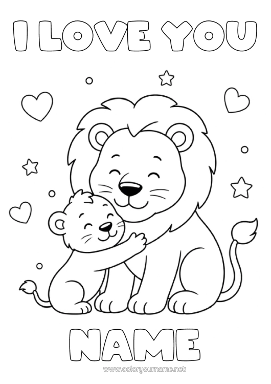 Colouring page to print Heart Dad Lion I Love You. Wild Animals Of Africa Hug Animal Family Cub