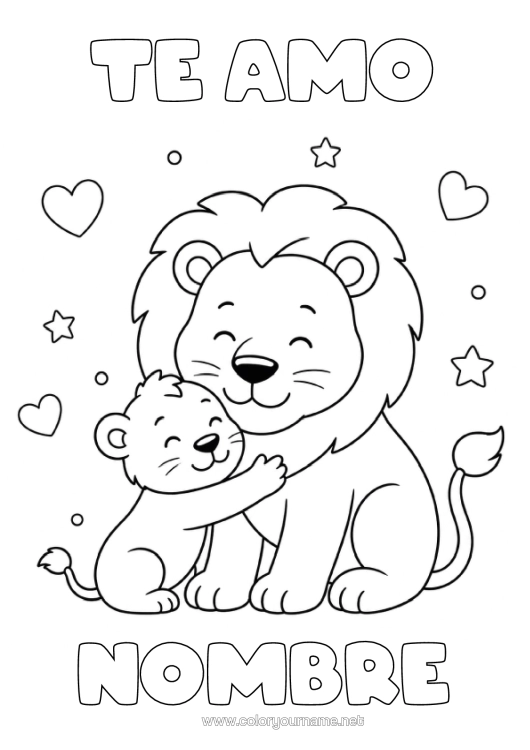 Dibujo para colorear para imprimir Corazón Papá León Te Amo Animales Salvajes De África Abrazo Familia De Animales Bebé Animal
