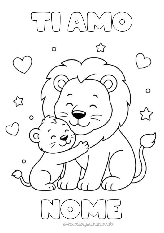 Pagina da colorare da stampare Cuore Papà Leone Ti Amo Animali Selvatici Dell'africa Abbraccio Famiglia Di Animali Cucciolo