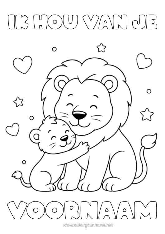 Kleurplaat om af te drukken Hart Papa Leeuw Ik Hou Van Jou Wilde Dieren Van Afrika Knuffelmoment Dierenfamilie Dierenbaby