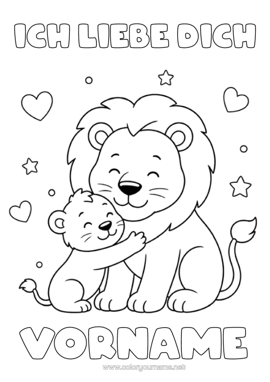 Malvorlage zum Ausdrucken Herz Papa Löwe Ich Liebe Dich Wilde Tiere Afrikas Umarmung Tierfamilie Tierbaby