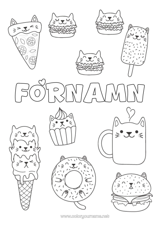 Färgläggningssida att skriva ut Katt Söt Mat Donuts Gottigheter, Sötsaker Glass Muffins Hamburgare Hundar Och Katter Pizza