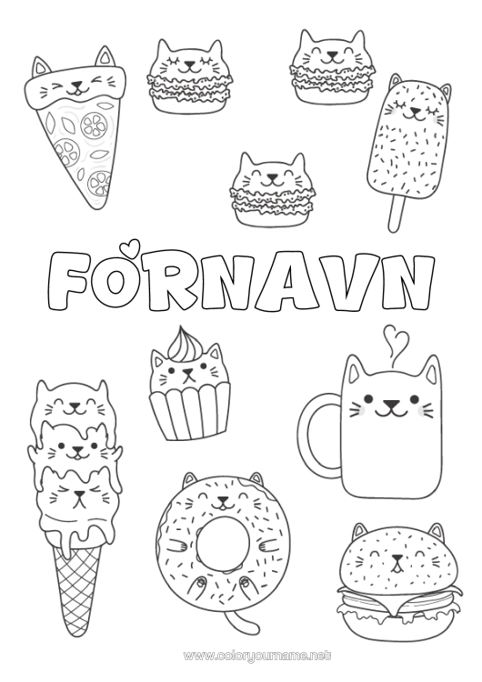 Farvelægningssiden til udskrivning Kat Kawaii Mad Donuts Slik, Søde Sager Is. Muffin Hamburger Hunde Og Katte Pizza