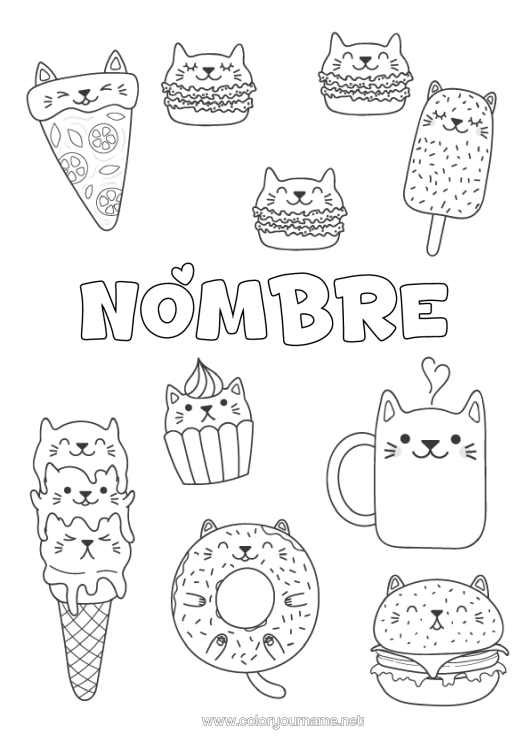 Dibujo para colorear para imprimir Cat Kawaii Alimento Donuts Golosinas Helado Magdalena Hamburguesa Perros Y Gatos Pizza