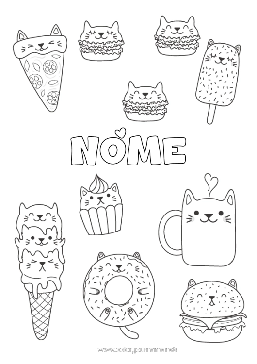 Página de desenho para imprimir Gato Kawaii Comida Rosquinhas Guloseimas, Doces Sorvete Cupcake Hambúrguer Cães E Gatos Pizza