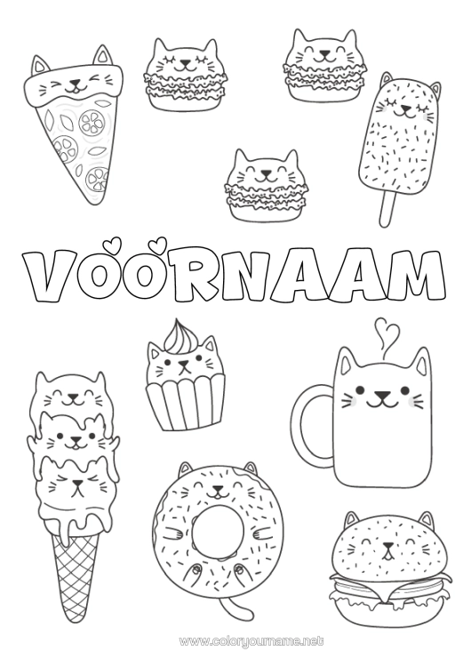 Kleurplaat om af te drukken Kat Kawaii Voedsel Donuts Lekkernijen, Zoetigheden Ijs Cupcake Hamburger Honden En Katten Pizza