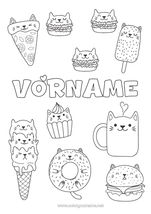 Malvorlage zum Ausdrucken Katze Kawaii Essen Donuts Leckereien, Süßigkeiten Eis Cupcake Hamburger Hunde Und Katzen Pizza