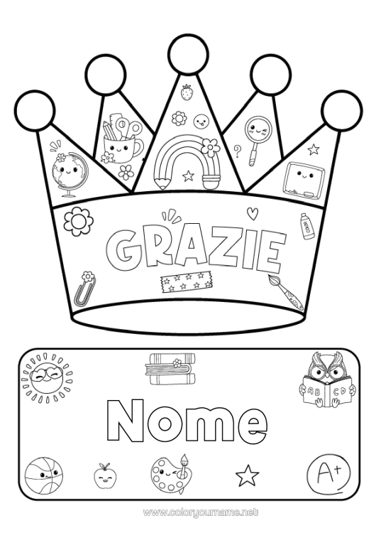Pagina da colorare da stampare Corona Insegnante Scuola Grazie Mestieri Dell'educazione Forniture Scolastiche